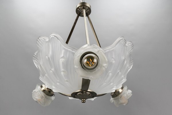 Art Deco French Four-Light White Frosted Glass Shell Ceiling Lamp, 1930s-KEG-1403881