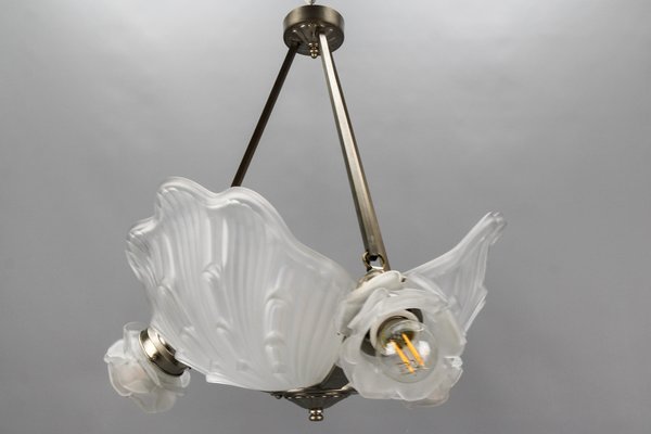 Art Deco French Four-Light White Frosted Glass Shell Ceiling Lamp, 1930s-KEG-1403881