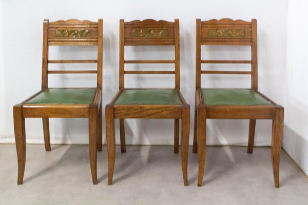 Art Deco French Green Oak Dining Chairs With Stylised Flowers, 1940s, Set of 6-RIU-834196