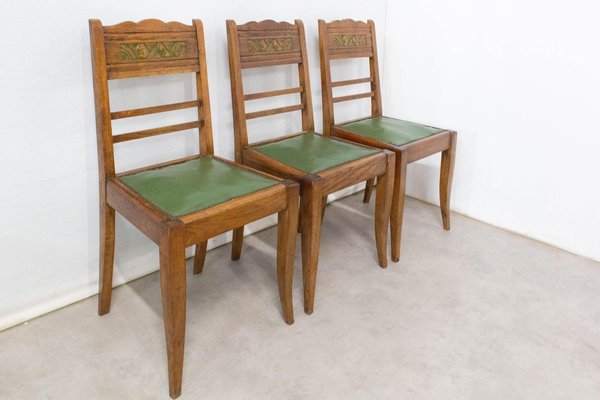 Art Deco French Green Oak Dining Chairs With Stylised Flowers, 1940s, Set of 6-RIU-834196