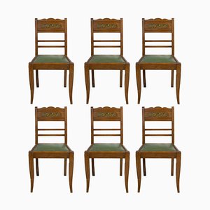 Art Deco French Green Oak Dining Chairs With Stylised Flowers, 1940s, Set of 6-RIU-834196