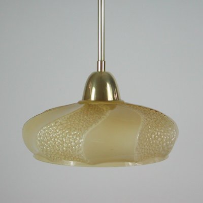 Art Deco French Ivory Colored Opaline Glass Brass Pendants, 1940s, Set of 2-OE-1110722