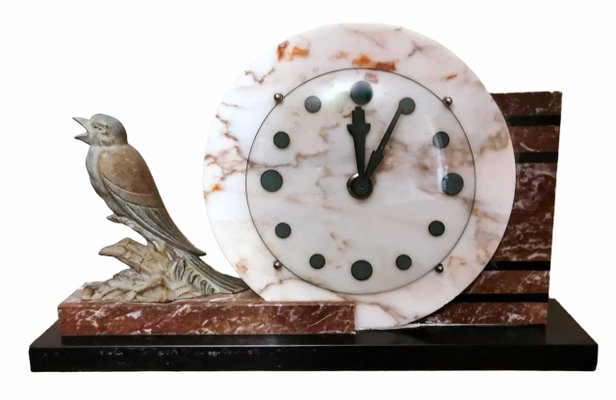 Art Deco French Marble Clock and Bronzed Metal Bird, 1930-QRS-1396827