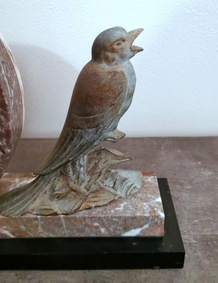 Art Deco French Marble Clock and Bronzed Metal Bird, 1930-QRS-1396827