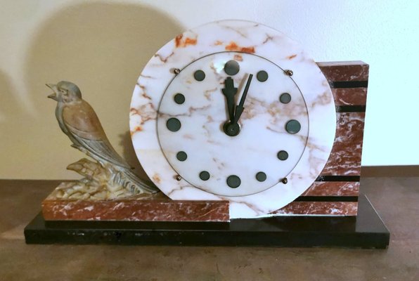 Art Deco French Marble Clock and Bronzed Metal Bird, 1930-QRS-1396827