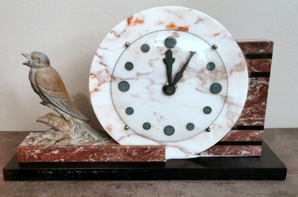 Art Deco French Marble Clock and Bronzed Metal Bird, 1930-QRS-1396827