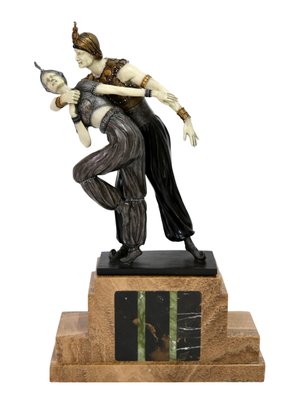 Art Déco French Onyx and Brown Marble Painted Bronze Dancer Sculpture, 1980s-CXC-1229003