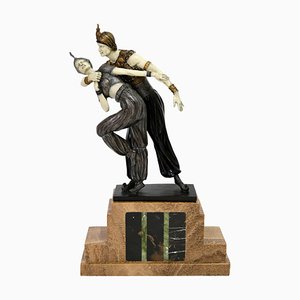 Art Déco French Onyx and Brown Marble Painted Bronze Dancer Sculpture, 1980s-CXC-1229003