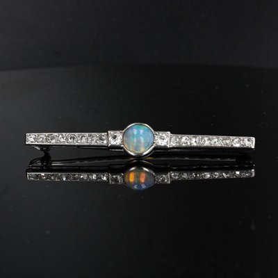 Art Deco French Opal & Diamond Platinum Brooch, 1930s-OLU-896095