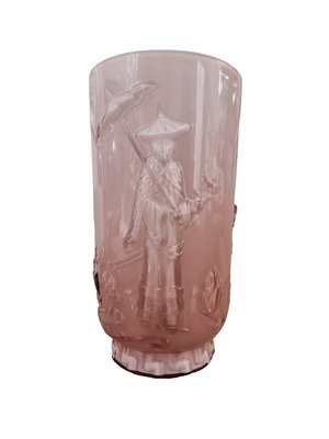 Art Deco French Pink Glass Vase with Chinese Scene in Ombre Effect from Verlys, 1940s-SAK-1785219