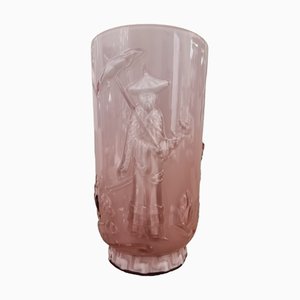 Art Deco French Pink Glass Vase with Chinese Scene in Ombre Effect from Verlys, 1940s-SAK-1785219