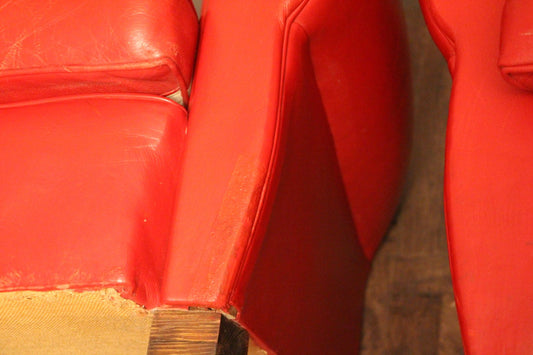 Art Deco French Red Leather Mustache Back Club Chairs, 1930s, Set of 2