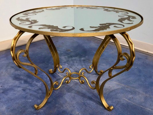 Art Deco French Round Gilded Iron Coffee Table, 1950s-MTX-675637