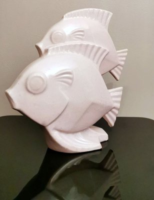 Art Deco French Sculpture of Two Fish in Craquelé Porcelain-QRS-971756