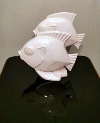 Art Deco French Sculpture of Two Fish in Craquelé Porcelain-QRS-971756