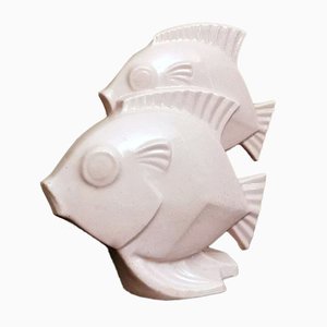 Art Deco French Sculpture of Two Fish in Craquelé Porcelain-QRS-971756