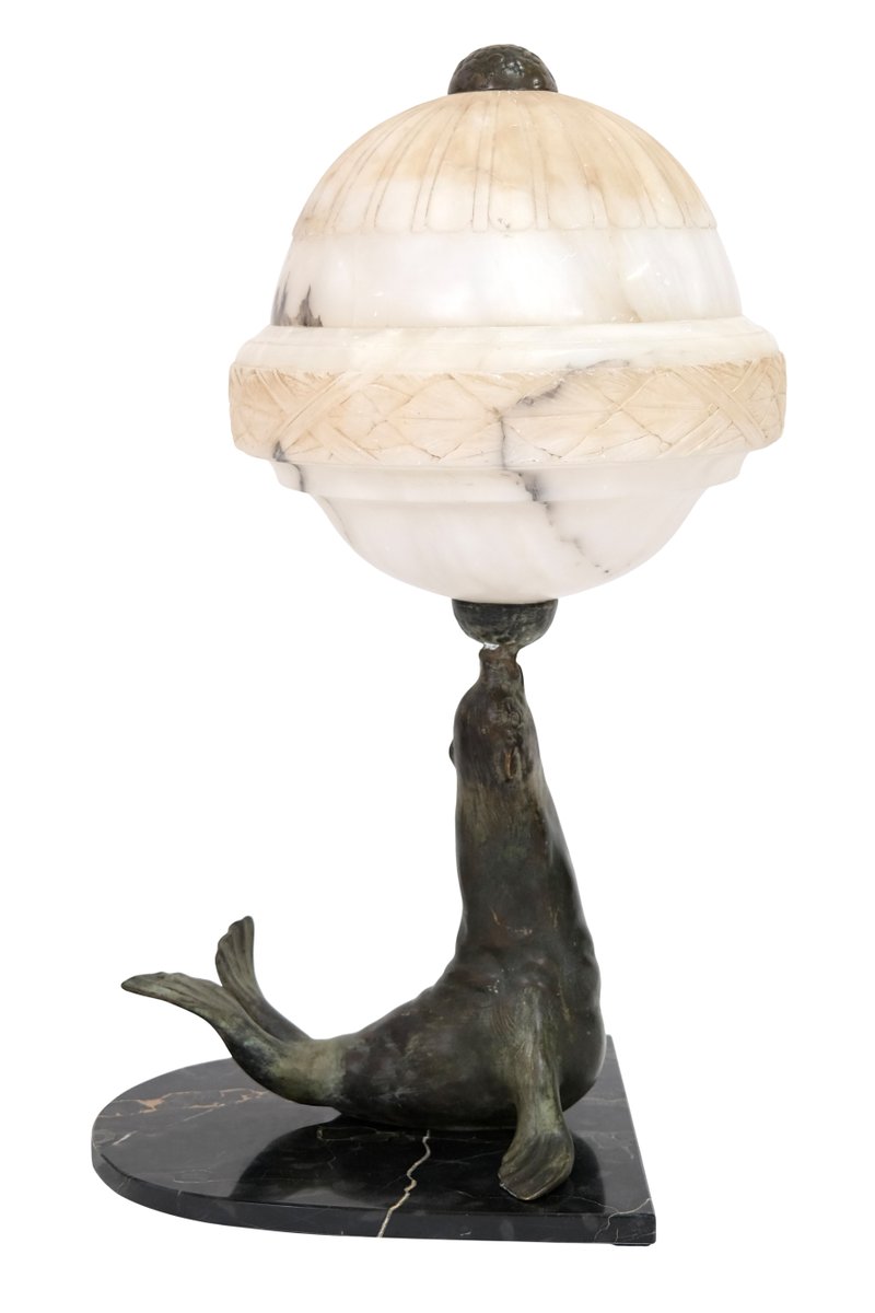 Art Déco French Sea Lion Table Lamp with Alabaster Ball, 1930s