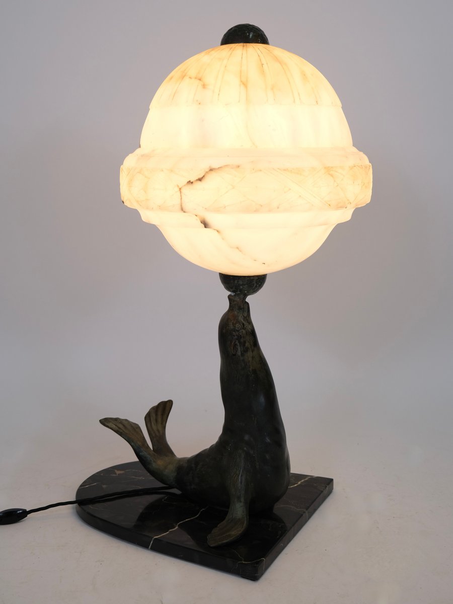 Art Déco French Sea Lion Table Lamp with Alabaster Ball, 1930s