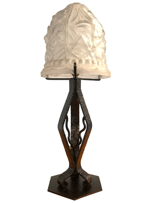 Art Deco French Thick Molded Glass Table Lamp, 1950s