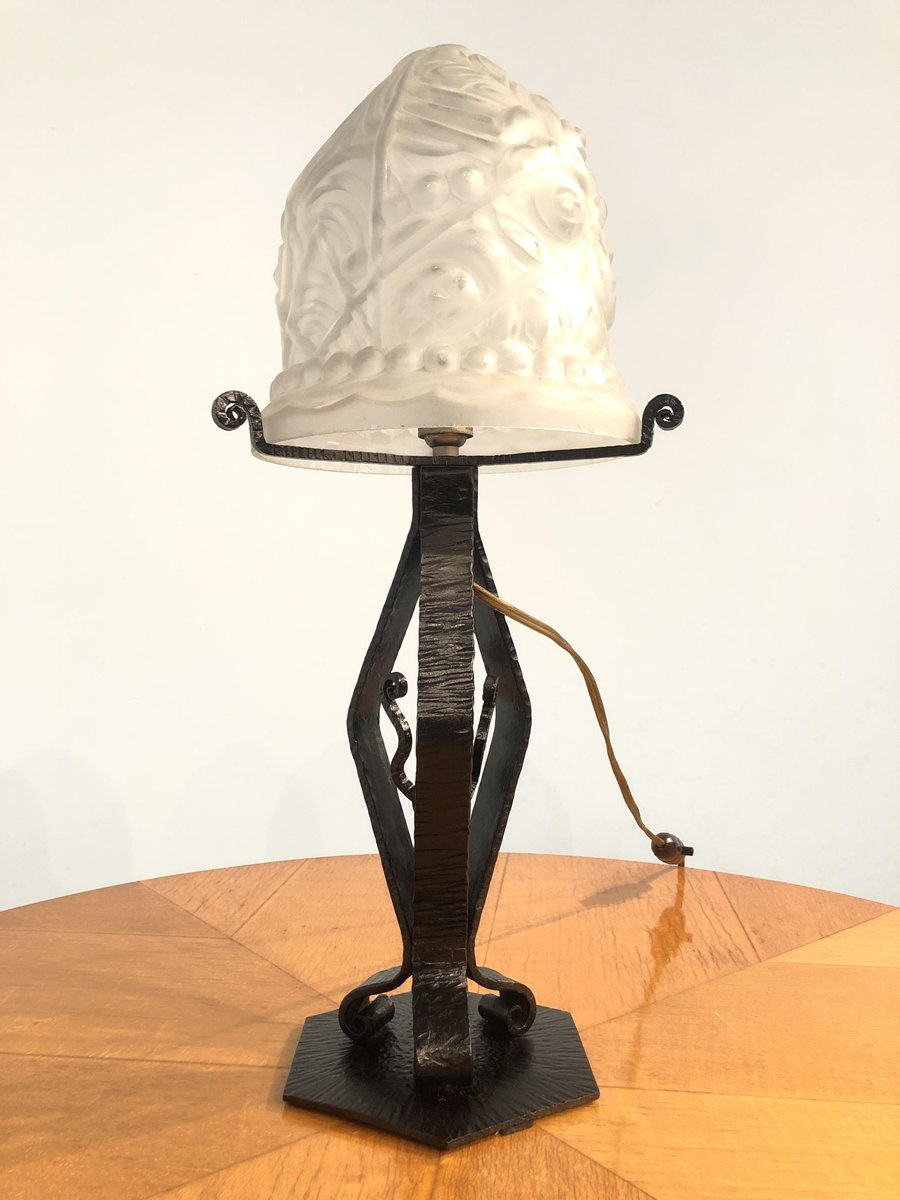 Art Deco French Thick Molded Glass Table Lamp, 1950s