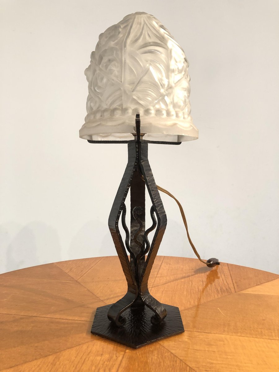 Art Deco French Thick Molded Glass Table Lamp, 1950s