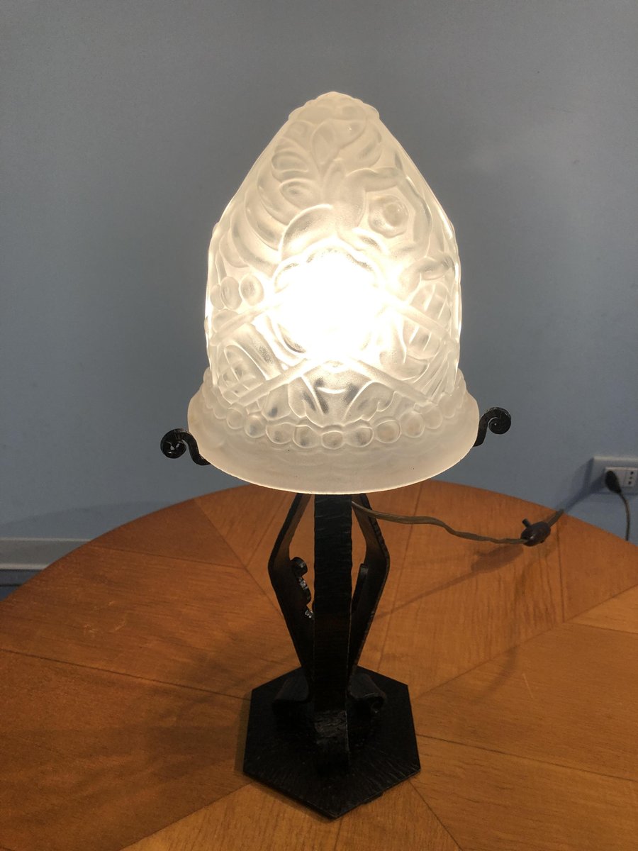 Art Deco French Thick Molded Glass Table Lamp, 1950s