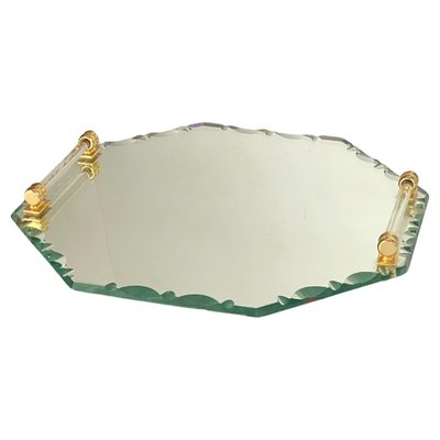 Art Deco French Tray Beveled Mirror in Brass Handles & Saint Gobain Glass, 1940s-UR-1705349