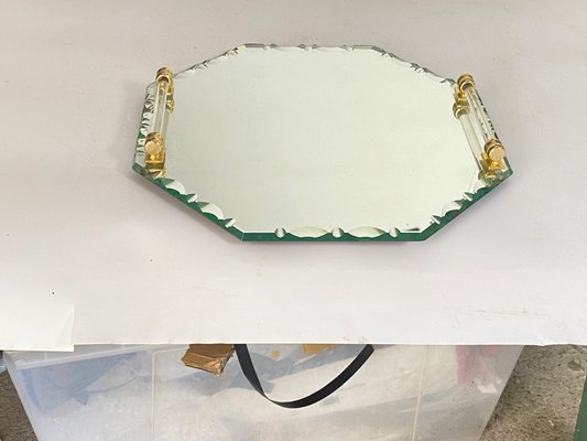 Art Deco French Tray Beveled Mirror in Brass Handles & Saint Gobain Glass, 1940s-UR-1705349