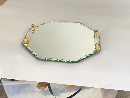 Art Deco French Tray Beveled Mirror in Brass Handles & Saint Gobain Glass, 1940s-UR-1705349