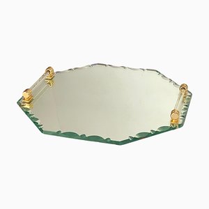 Art Deco French Tray Beveled Mirror in Brass Handles & Saint Gobain Glass, 1940s-UR-1705349