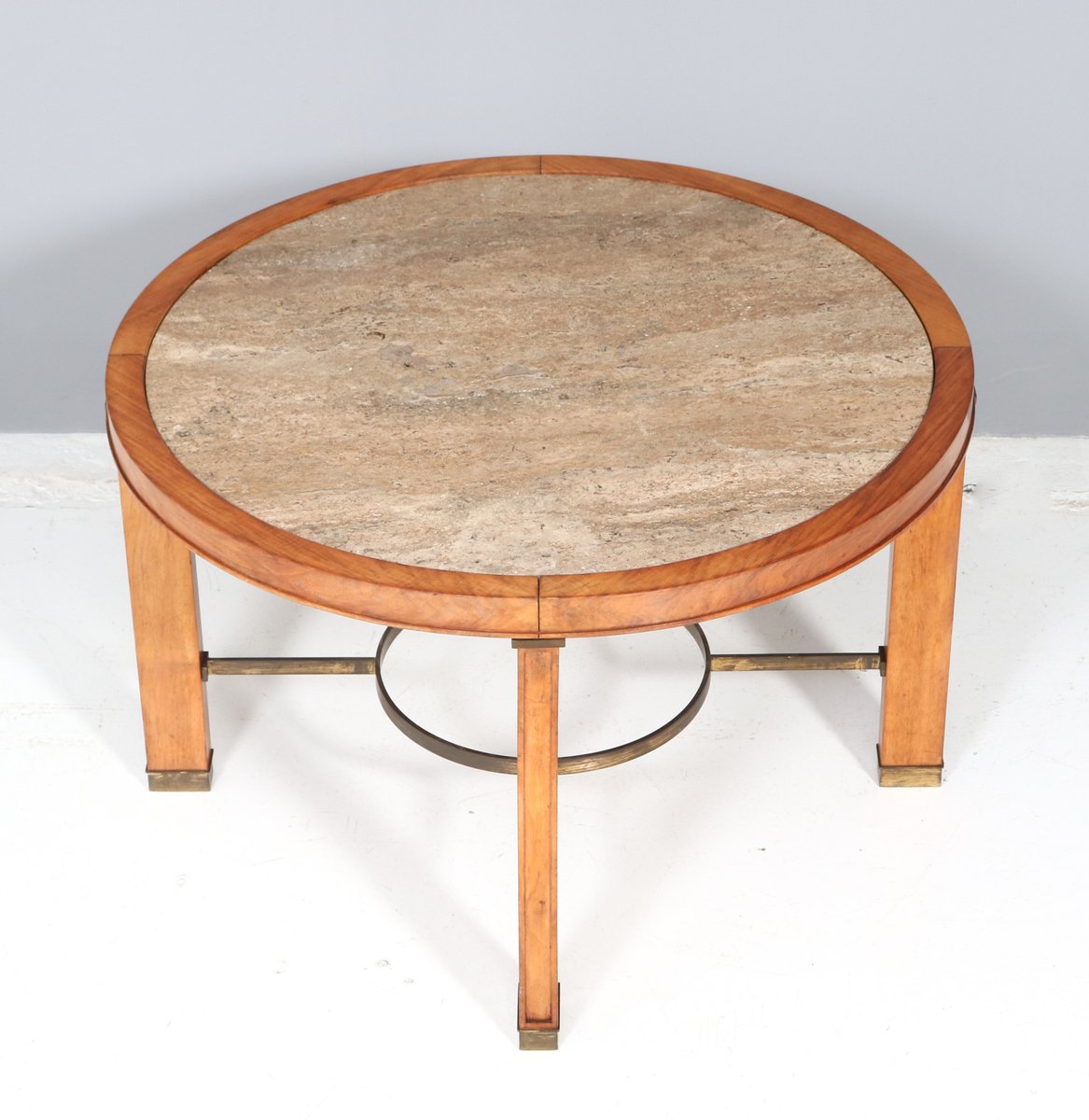 Art Deco French Walnut Coffee Table with Travertine Top, 1940s