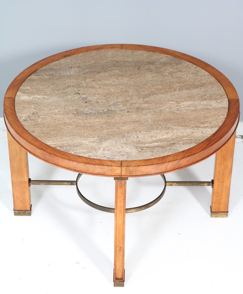 Art Deco French Walnut Coffee Table with Travertine Top, 1940s