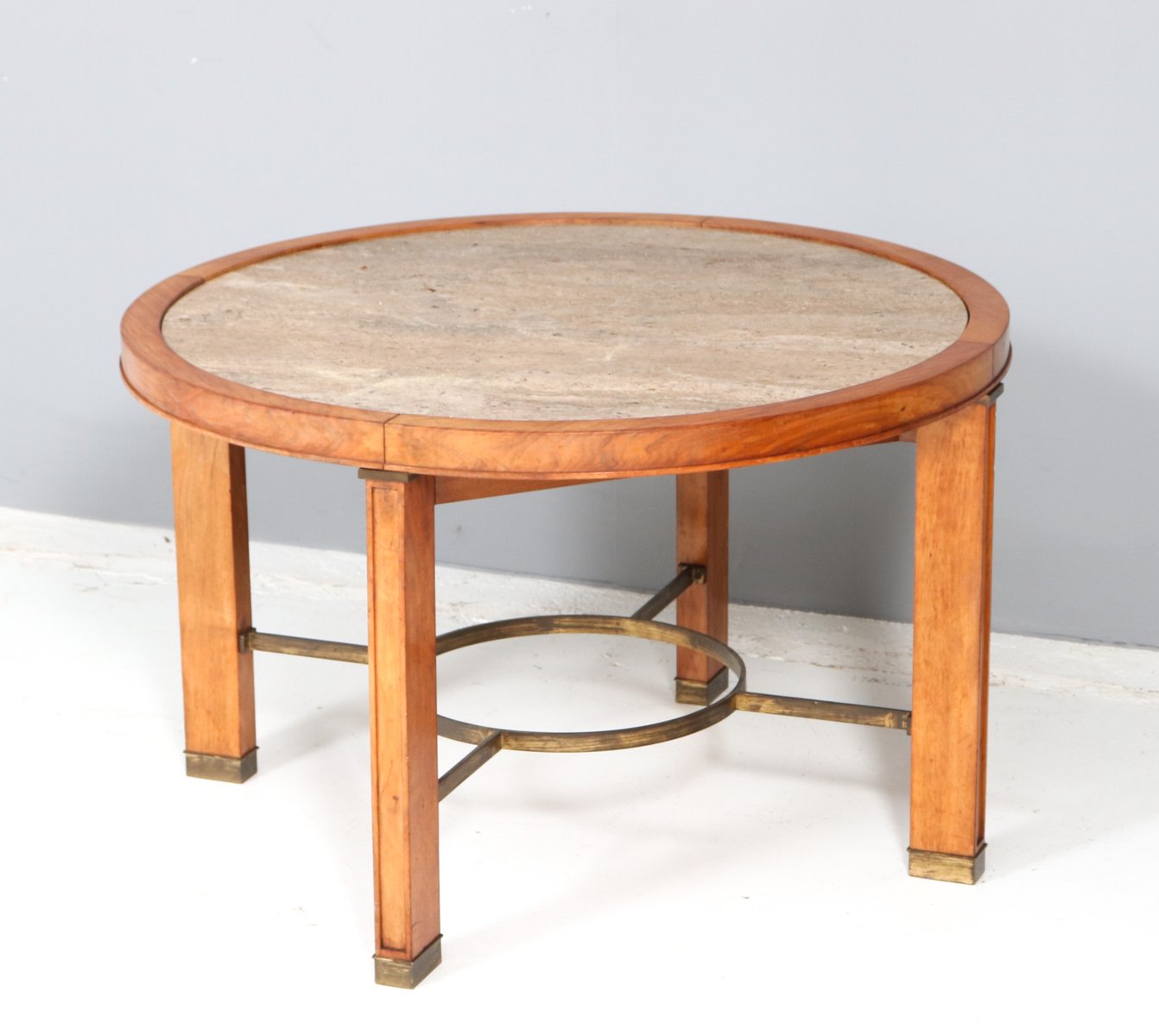 Art Deco French Walnut Coffee Table with Travertine Top, 1940s