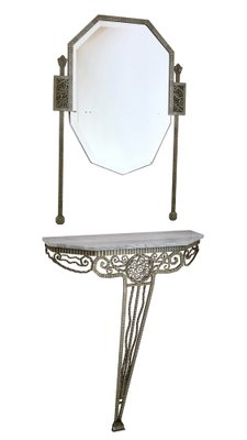 Art Deco French Wrought Iron Console Table with White Marble and Mirror-CXC-1453714