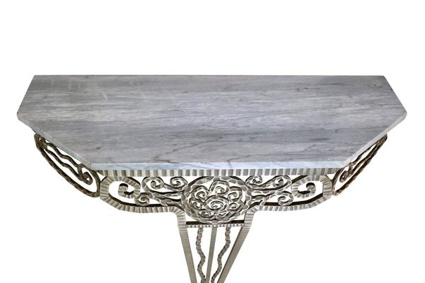 Art Deco French Wrought Iron Console Table with White Marble and Mirror-CXC-1453714