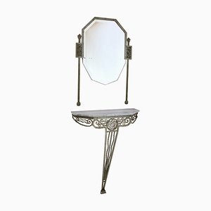 Art Deco French Wrought Iron Console Table with White Marble and Mirror-CXC-1453714