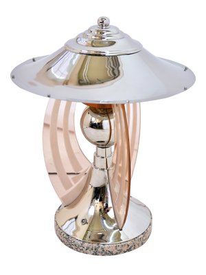 Art Deco FrenchRound Chromed Table Lamp with Rosaline Colored Glass Arches, 1930s-CXC-1750187