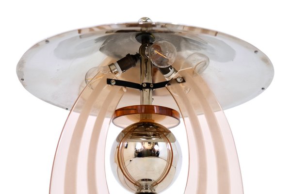 Art Deco FrenchRound Chromed Table Lamp with Rosaline Colored Glass Arches, 1930s-CXC-1750187