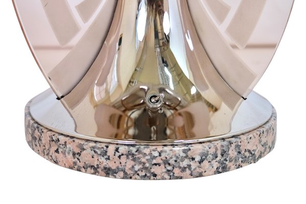 Art Deco FrenchRound Chromed Table Lamp with Rosaline Colored Glass Arches, 1930s-CXC-1750187