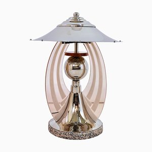 Art Deco FrenchRound Chromed Table Lamp with Rosaline Colored Glass Arches, 1930s-CXC-1750187