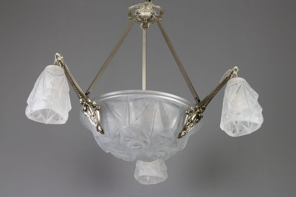 Art Deco Frosted Glass and Bronze Six-Light Chandelier from Verrerie D'Art Degué, 1920s-KEG-784714