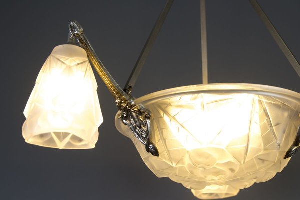 Art Deco Frosted Glass and Bronze Six-Light Chandelier from Verrerie D'Art Degué, 1920s-KEG-784714