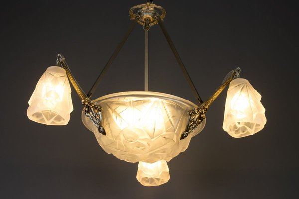 Art Deco Frosted Glass and Bronze Six-Light Chandelier from Verrerie D'Art Degué, 1920s-KEG-784714