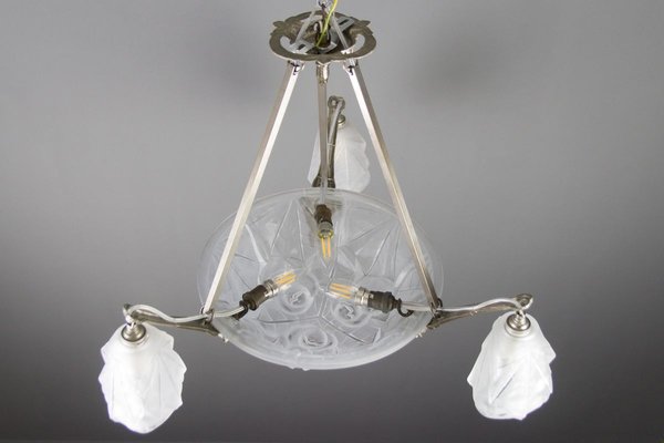 Art Deco Frosted Glass and Bronze Six-Light Chandelier from Verrerie D'Art Degué, 1920s-KEG-784714