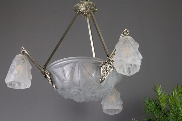 Art Deco Frosted Glass and Bronze Six-Light Chandelier from Verrerie D'Art Degué, 1920s-KEG-784714