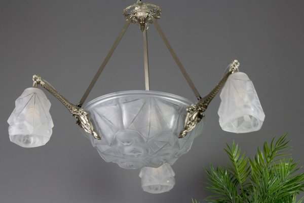 Art Deco Frosted Glass and Bronze Six-Light Chandelier from Verrerie D'Art Degué, 1920s-KEG-784714