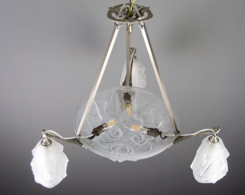 Art Deco Frosted Glass and Bronze Six-Light Chandelier from Verrerie D'Art Degué, 1920s-KEG-784714