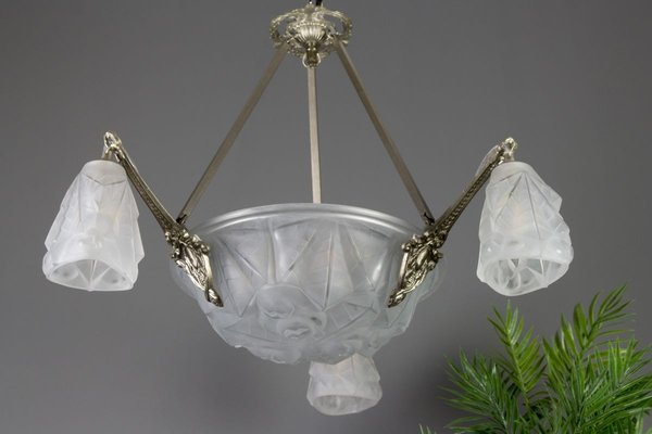 Art Deco Frosted Glass and Bronze Six-Light Chandelier from Verrerie D'Art Degué, 1920s-KEG-784714