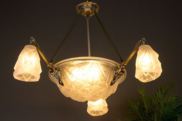 Art Deco Frosted Glass and Bronze Six-Light Chandelier from Verrerie D'Art Degué, 1920s-KEG-784714