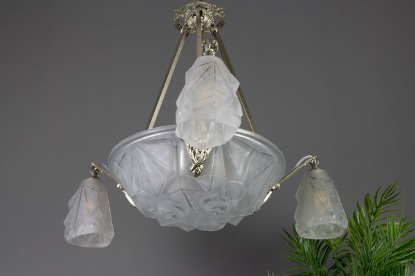 Art Deco Frosted Glass and Bronze Six-Light Chandelier from Verrerie D'Art Degué, 1920s-KEG-784714